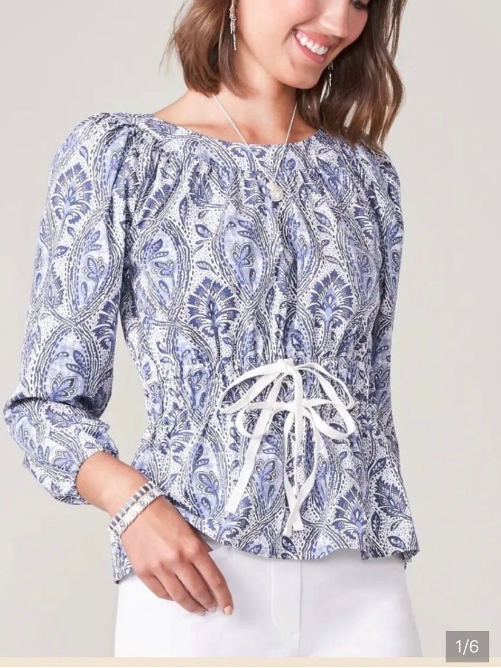 Spartina 449 Blue and Cream Paisley Tie-Front Peasant Blouse